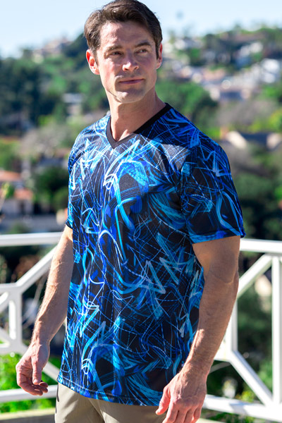 Graphic Tan-Through v-neck shirt Blue and Black Abstract