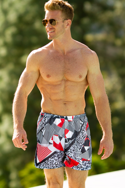 Tan Through colorful abstract swim shorts red and black