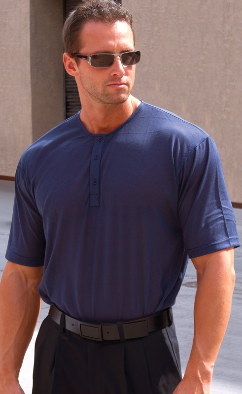 Navy Henley Tan through casual shirt